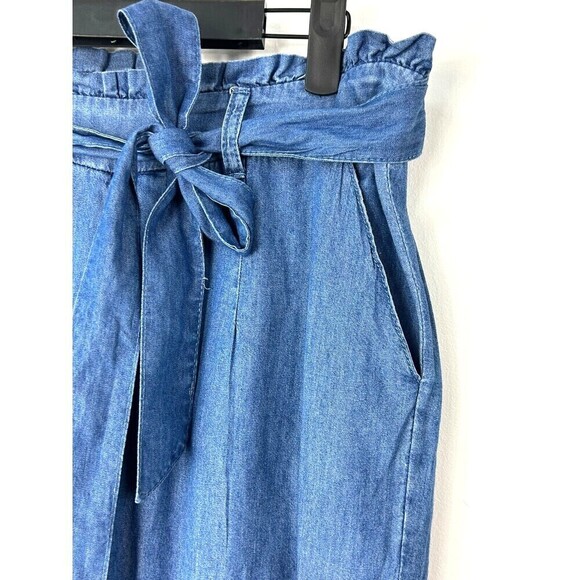 Hannah Womens Size M Wide Leg Pants Tie Belt Chambray Blue Pull On Ankle R - Picture 9 of 12